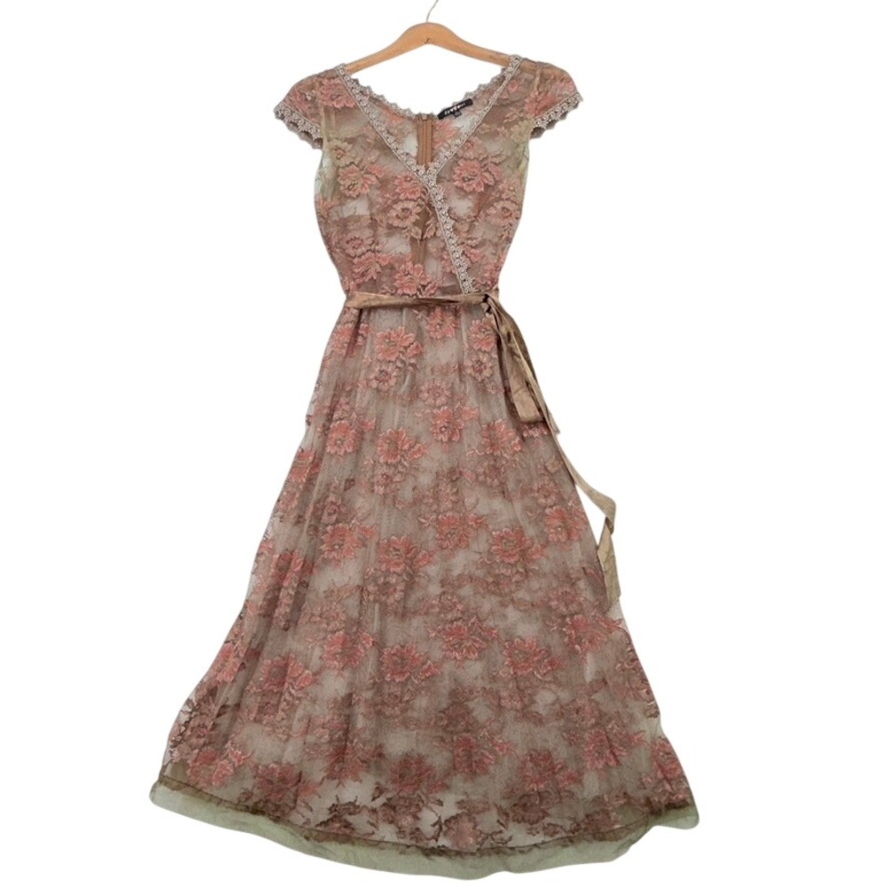 Spygirl Floral Lace Maxi Dress Pink Green V-Neck Cap Sleeve Satin Tie Small